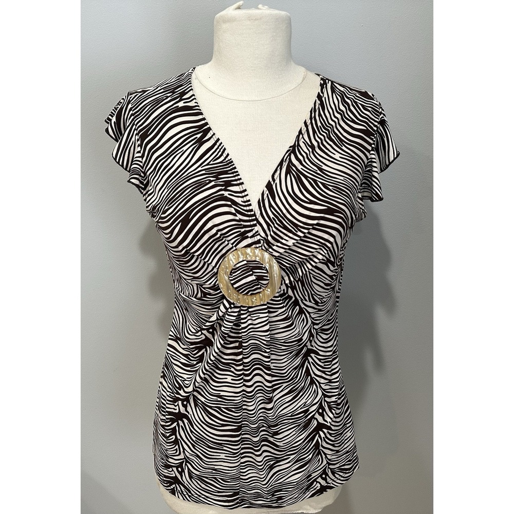 Y2K Zebra Print Flutter Sleeve Buckle Front Top‎ Woman's Small